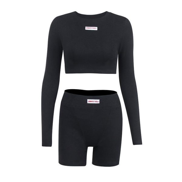 Knitted Long Sleeve Printed Top High Waist Shorts Suit - Image 4