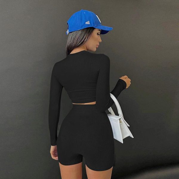 Knitted Long Sleeve Printed Top High Waist Shorts Suit - Image 2