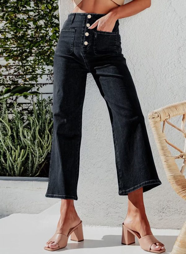 Retro Loose Straight Single Row Ornament High Waist Wide Leg Women's Jeans - Image 9