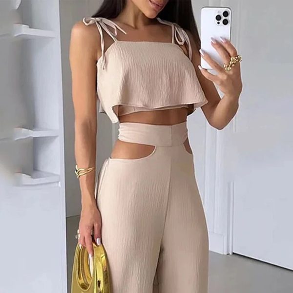 Cross-border Solid Color Sling Top Casual Hollow-out Trousers Suit - Image 2
