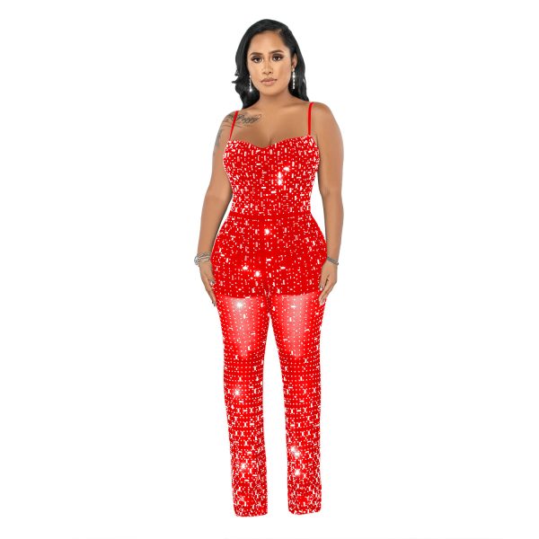 Women's Wear Rhinestone Mesh Camisole Sleeveless Trousers Jumpsuit - Image 7