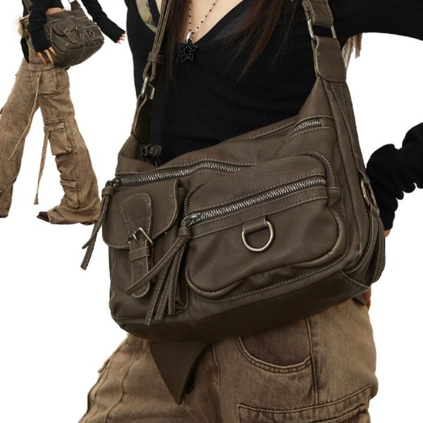 Retro Hot Girl Style Motorcycle Bag Brown Multi-pocket - Image 3