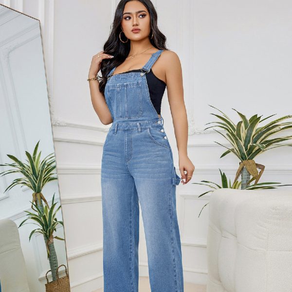 Women's Washed Denim Suspender Pants - Image 3
