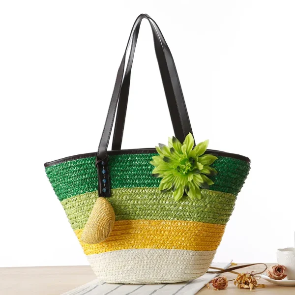 2025 Fashion Straw Handwoven Tote Shoulder Bag 2 in1 Crochet Straw Braided Handbag Applique Hit Color Striped Print Beach Bags - Image 3