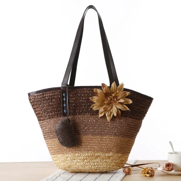 2025 Fashion Straw Handwoven Tote Shoulder Bag 2 in1 Crochet Straw Braided Handbag Applique Hit Color Striped Print Beach Bags