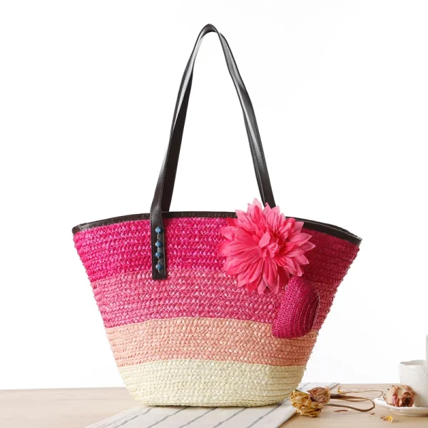 2025 Fashion Straw Handwoven Tote Shoulder Bag 2 in1 Crochet Straw Braided Handbag Applique Hit Color Striped Print Beach Bags - Image 4