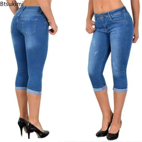 2025 Women's Summer Skinny Denim Pants Jeans Mid Waist Stretch Capri Pants Knee Length Trousers Black Blue Ladies Pencil Pants - Image 4