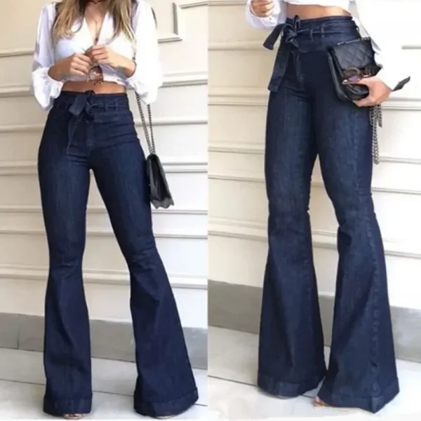 Mom Jeans Women Flare Pants Zipper Fly Flat Pockets Streetwear Denim Work Elegant Bodycon Slight Strech Belt High Waisted Jeans - Image 2
