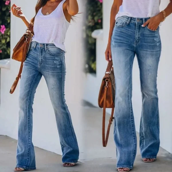 Women Jeans Bleached High Waist Flare Jean Zipper Fly Vintage Washed Loose Fit Denim Full Length Pants Pockets Basics Solid