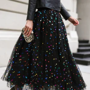 Sequin Mesh High Waist Skirt Plus Size Pleated A-Line High Street Elegant Wedding Guest Sweet Skirts 2025