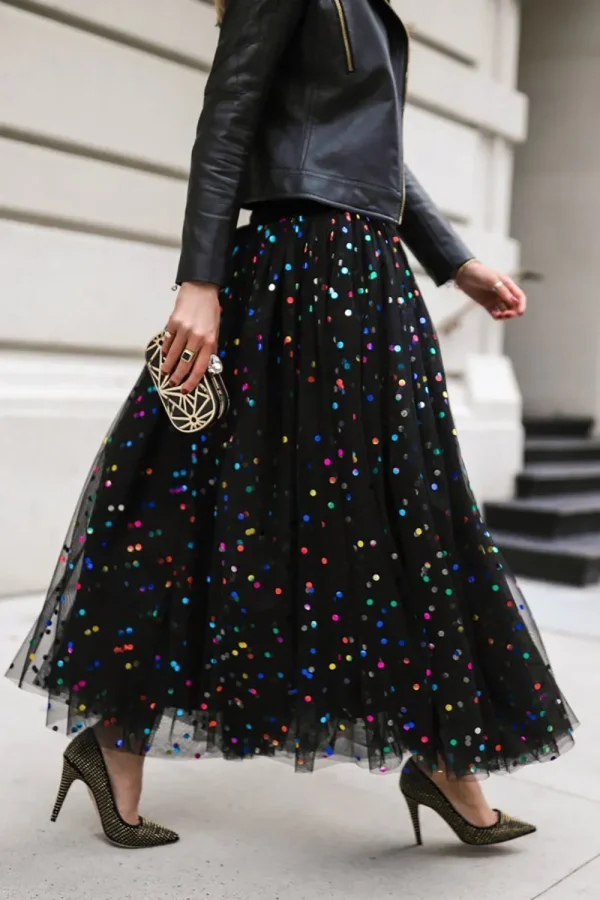 Sequin Mesh High Waist Skirt Plus Size Pleated A-Line High Street Elegant Wedding Guest Sweet Skirts 2025