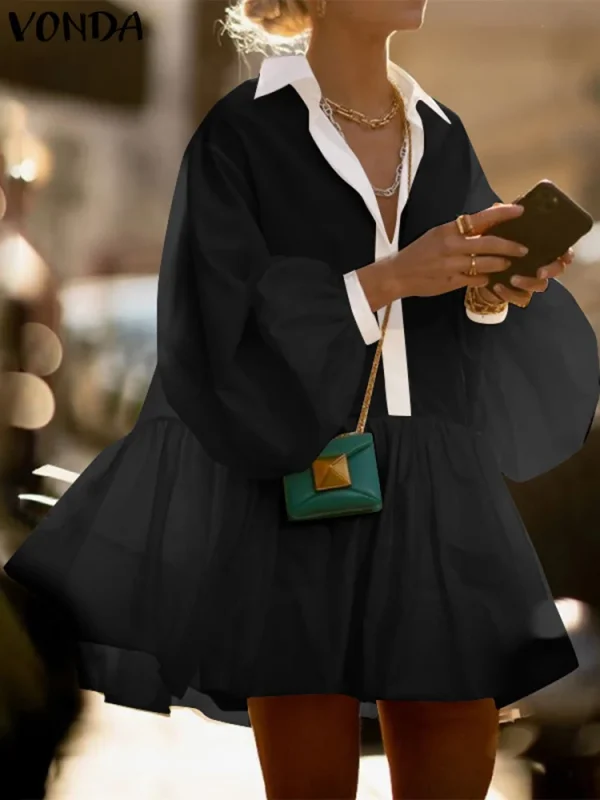 Plus Size VONDA Casual Mini Shirt Dress Women Long Sleeve Ruffled Sundress 2025 Eleagnt A-Line Robe Turn Down Collar Vestidos - Image 2