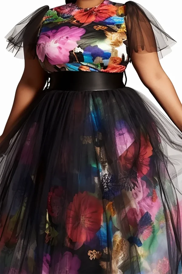Women Plus Size Semi Formal Elegant Black Floral Summer Spring Round Neck Short Sleeve Contrast Mesh Two Piece Dress Set 2025 - Image 2