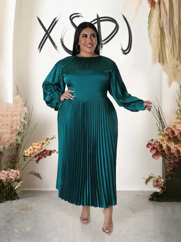 Satin Casual Dress Long Sleeve Autumn Chic and Elegant Pleated Dress Women 3xl 4xl 5xl High Square Neck Dress Plus Size Female - Image 5