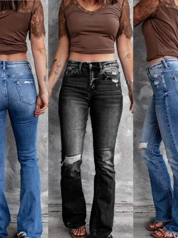 Women Jeans Bootcut Pants Washing Slim Flare Denim Zipper Fly Pockets Streetwear Ankle Length Solid Holes High Waist 2025 - Image 2