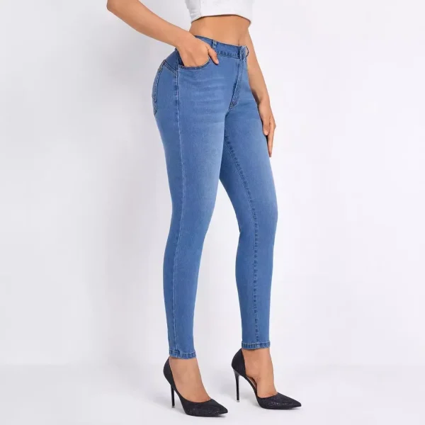 Women Clothing Skinny Solid Ankle Length Jean Washed Zipper Fly Denim Pants High Waist Jeans Spliced Casual Slim Pockets - Image 2