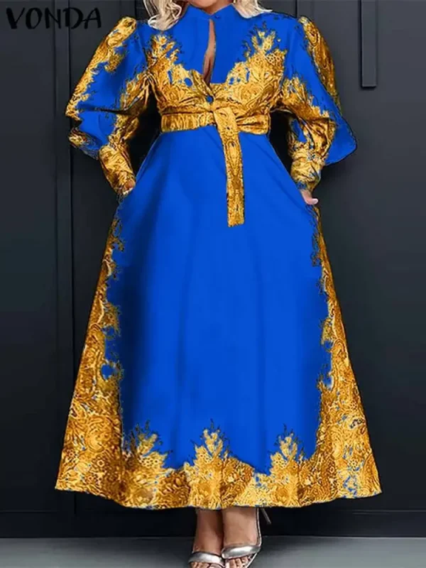 VONDA Plus Size 5XL Bohemian Women Printed Dress 2025 Autumn Long Sleeve Belt Maxi Long Sundress Buttons Vintage Casual Vestidos - Image 3