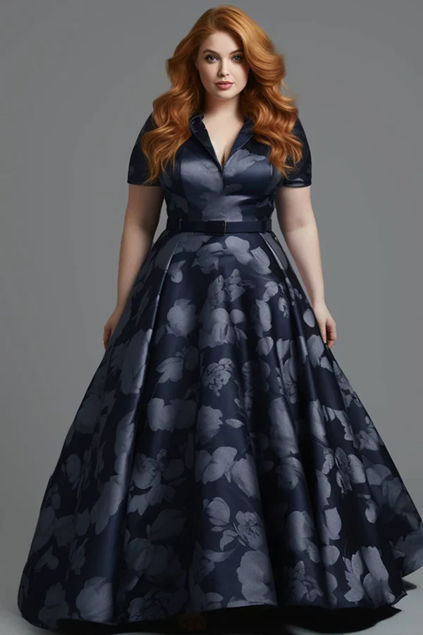 Flycurvy Plus Size Wedding Guest Navy Blue Satin Floral Print Short Sleeve Maxi Dress