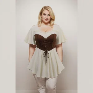 ROSEGAL Plus Size Crepe Tops Lace Trim Grommets Lace-up Ruffles Women's T-shirts New Summer Short Sleeve Casual Blouses Tees