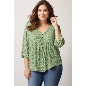 Plus Size Everyday Green Ditsy Floral Print Lantern Sleeve V Neck Blouse 3/4 Sleeve Summer Women's Tops Clearance Sale