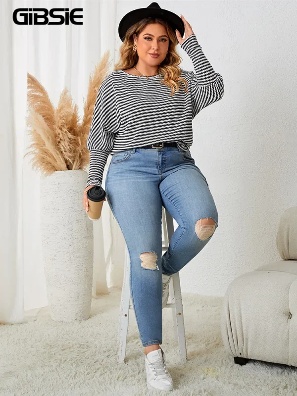 GIBSIE Plus Size Women's Striped Casual T-Shirts 2025 Fall Fashion Full Raglan Sleeve Female Loose O-Neck Tops Tee Woman New - Image 5