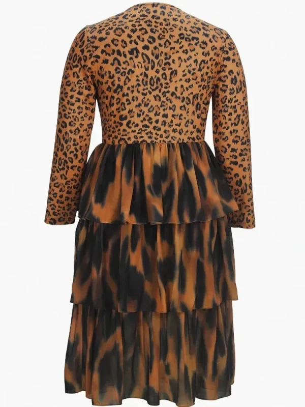Women Plus Size Dress Leopard Printed Round Neck Mesh Layer Long Sleeve American Retro High Street African Midi Dresses 2025 - Image 5