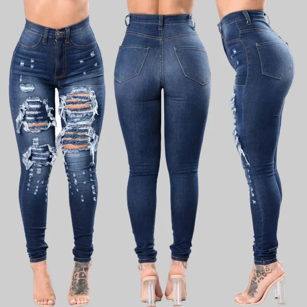 Europe and America Fashion Stretch Washed Ripped Jeans, Women's Spring and Autumn New Slim-fit High-waisted Small Feet Pants - Image 5