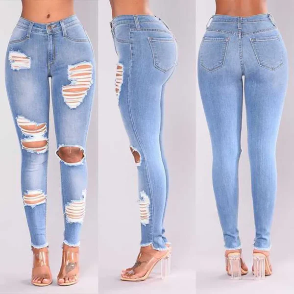 Europe and The United States New Fashion Elastic Ripped Pencil Jeans, Women's Spring and Autumn Slim-fit Small Leg Pants Jeans - Image 2