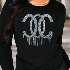 Plus Size Women's Long Sleeve T-shirt Sequins Round Collar Loose Autumn Winter Clothing Chic Oversize Black T Shirt for Women