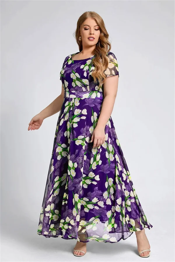Plus Size Women Floral Printing Dress Short Sleeve Round Neck Chiffon A-line Female Elegant Fashion Summer Dresses 2025 - Image 3
