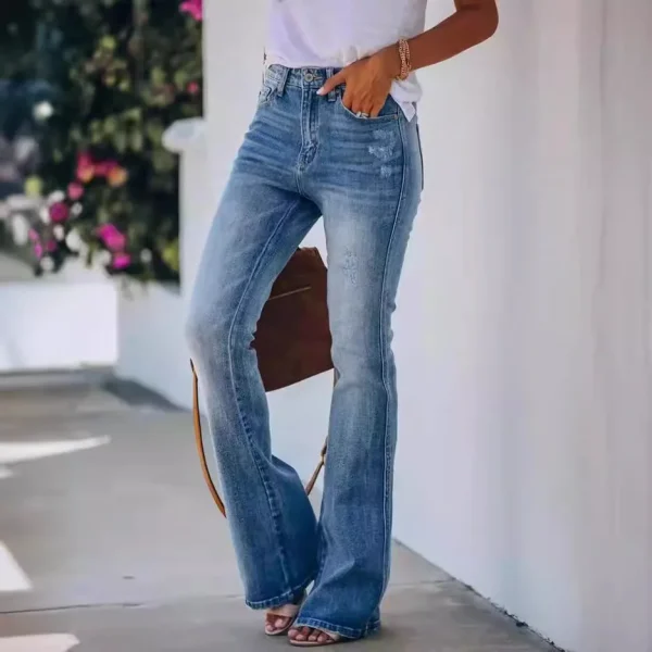 Women Jeans Bleached High Waist Flare Jean Zipper Fly Vintage Washed Loose Fit Denim Full Length Pants Pockets Basics Solid - Image 4