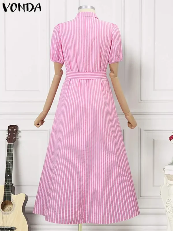 Plus Size 5XL VONDA Women Fashion Shirt Dress 2025 Summer Short Sleeve Casual Midi Sundress Elegant Loose Stripe Vestidos Belted - Image 5