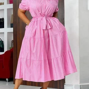 Plus Size 5XL VONDA Women Fashion Shirt Dress 2025 Summer Short Sleeve Casual Midi Sundress Elegant Loose Stripe Vestidos Belted