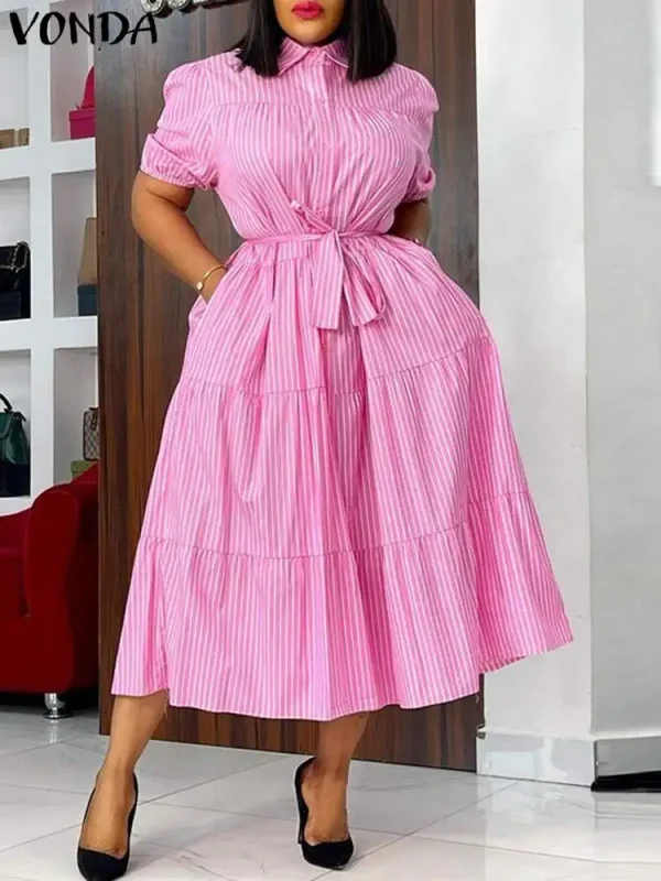 Plus Size 5XL VONDA Women Fashion Shirt Dress 2025 Summer Short Sleeve Casual Midi Sundress Elegant Loose Stripe Vestidos Belted