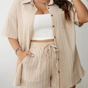 GIBSIE Plus Size Summer Two Piece Sets For Women 2025 Holiday Casual Button-up Short Sleeve Shirt with Elastic Waist Shorts