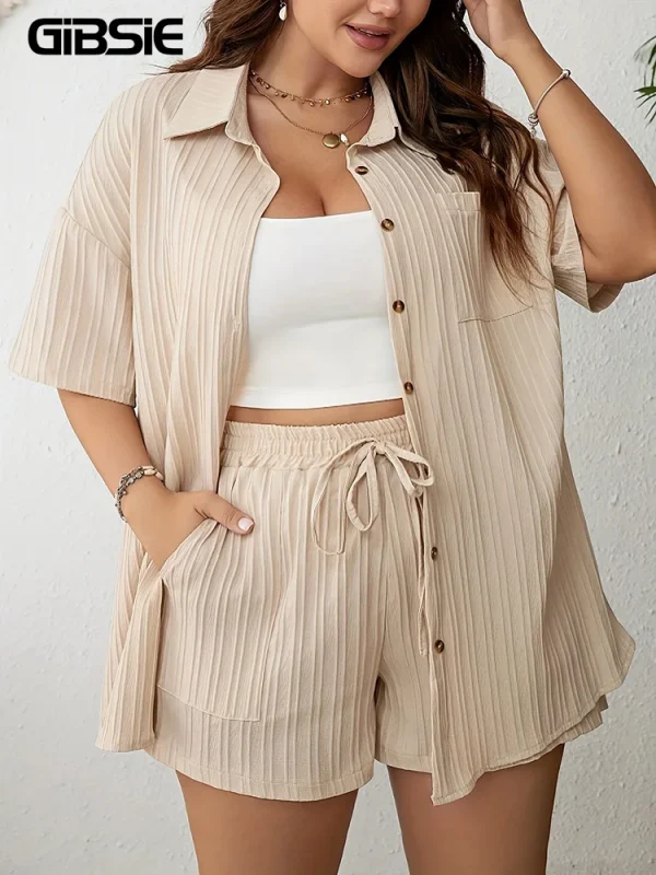 GIBSIE Plus Size Summer Two Piece Sets For Women 2025 Holiday Casual Button-up Short Sleeve Shirt with Elastic Waist Shorts