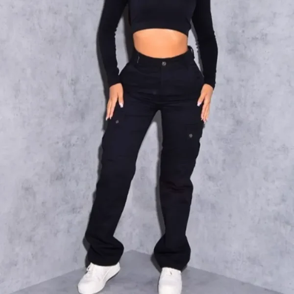 2025 New High Elasticity Solid Color Casual Multi Pocket Workwear Fashion Trend Versatile Lifting Hip Long Jeans for Women