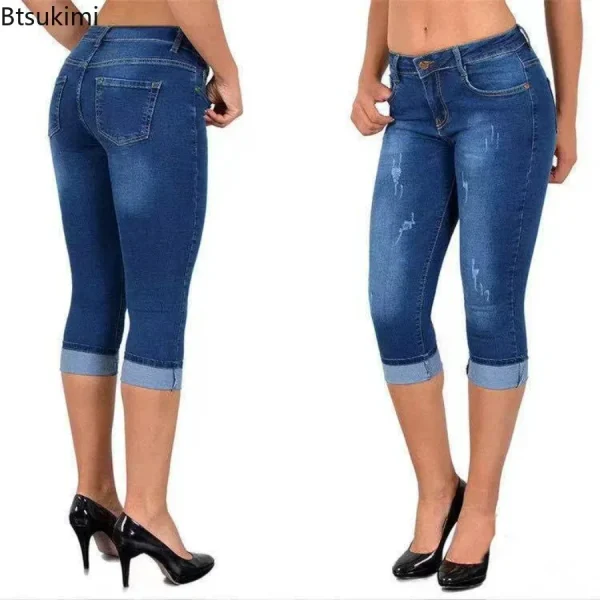 2025 Women's Summer Skinny Denim Pants Jeans Mid Waist Stretch Capri Pants Knee Length Trousers Black Blue Ladies Pencil Pants - Image 3