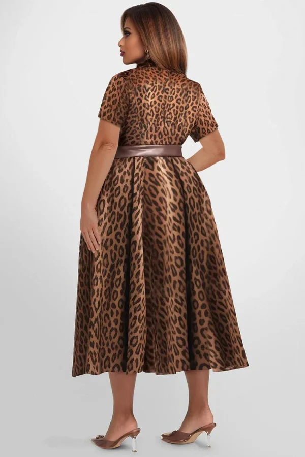 Plus Size Leopard Printed Dress for Women Casual Summer Short Sleeve Lapel Collar Pleated A-Line Ameriacn Retro Evening Dresses - Image 2
