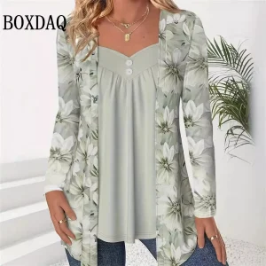 2025 Autumn Winter Long Sleeve Blouses Women Fashion Plus Size Elegant Patchwork Printed Fake Two Piece Shirts Casual Loose Tops