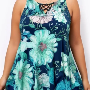 Flycurvy Plus Size Everyday Lake Blue Floral Print Lace Up Tunic Tank Top