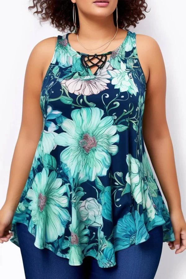 Flycurvy Plus Size Everyday Lake Blue Floral Print Lace Up Tunic Tank Top