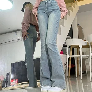 High Waist Flare Pants Jeans 2025 Autumn Women Washed Denims Pockets Streetwear Female Vintage Distressed Denim Trousers