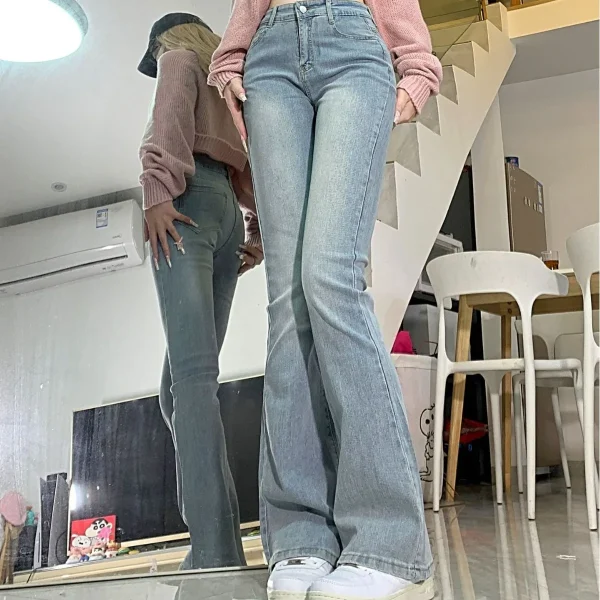 High Waist Flare Pants Jeans 2025 Autumn Women Washed Denims Pockets Streetwear Female Vintage Distressed Denim Trousers