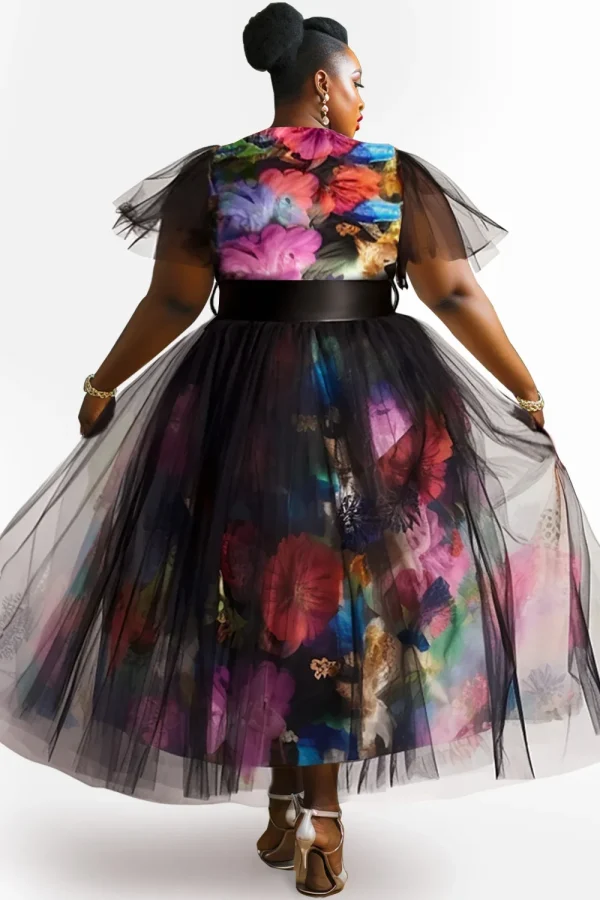 Women Plus Size Semi Formal Elegant Black Floral Summer Spring Round Neck Short Sleeve Contrast Mesh Two Piece Dress Set 2025 - Image 3