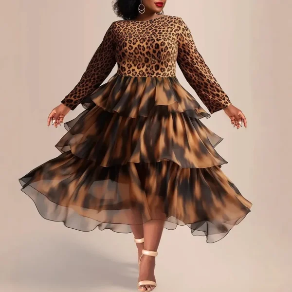 Women Plus Size Dress Leopard Printed Round Neck Mesh Layer Long Sleeve American Retro High Street African Midi Dresses 2025