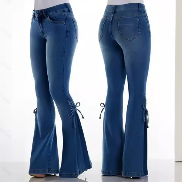 Flare Pants for Women Vintage Jeans Lace Up Stretch Mid Waist Skinny Distressed Washed 2025 Streetwear Female Denims Trousers - Image 2