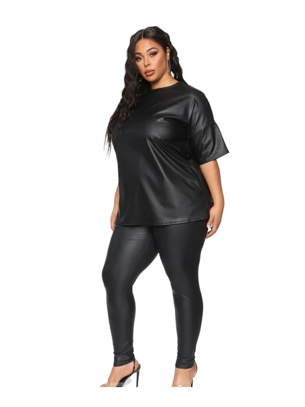 Women Summer Clothes Leather Outfit 2 Piece Set Short Sleeve Blouse Top and Stretchy Leggings Ladies Plus Size Pu Suits in Black - Image 3