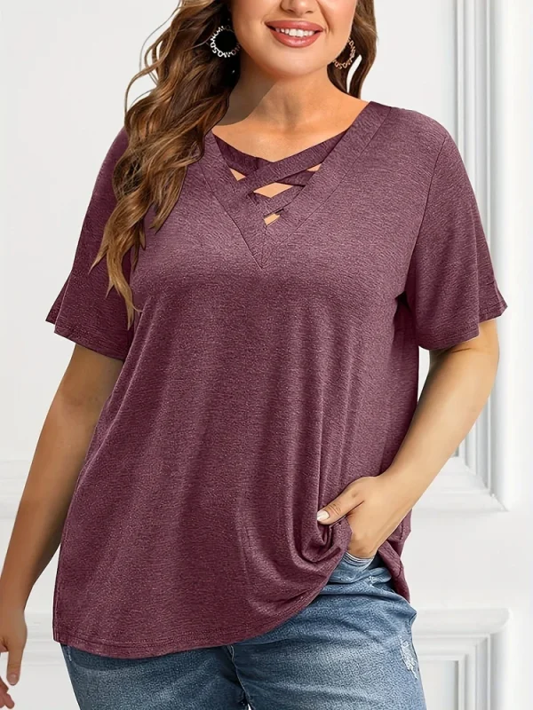 Plus Size Women's T shirt Short Sleeve Solid Cutout Casual Soft Basic Summer Tops 2025 Elegant Vintage Tee Tops for Women