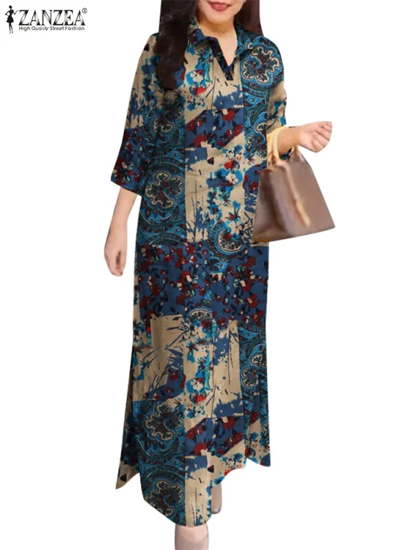 ZANZEA Plus Size Women Dresses Vintage Spring 3/4 Sleeve Floral Print Long Maxi Dress Fashion Cotton Shirt Dress Loose Sundress - Image 5